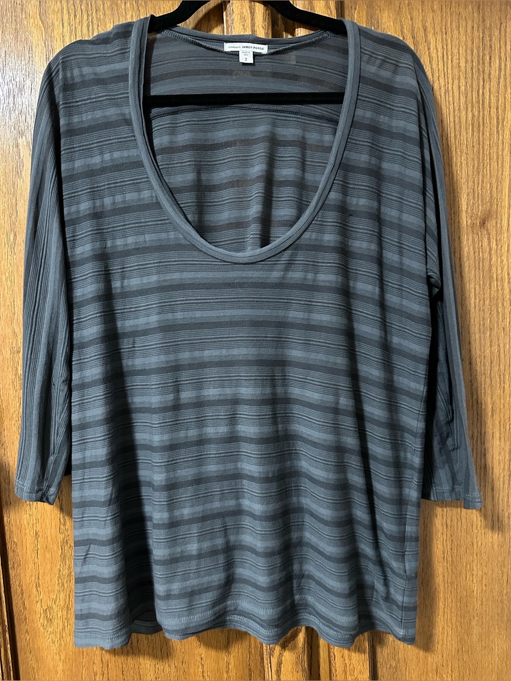 James Perse Striped Scoop Neck Sheer 3/4 Sleeve Top Elevated Basics Sz 2